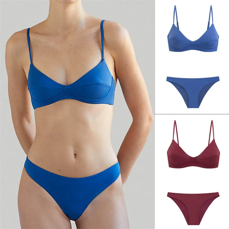 

2021 Women Swimsuit Padded Bandeau Bikini Set Solid Push Up Women's Swimwear Low Waist Vacation Short Swimming Suit Biquini XL