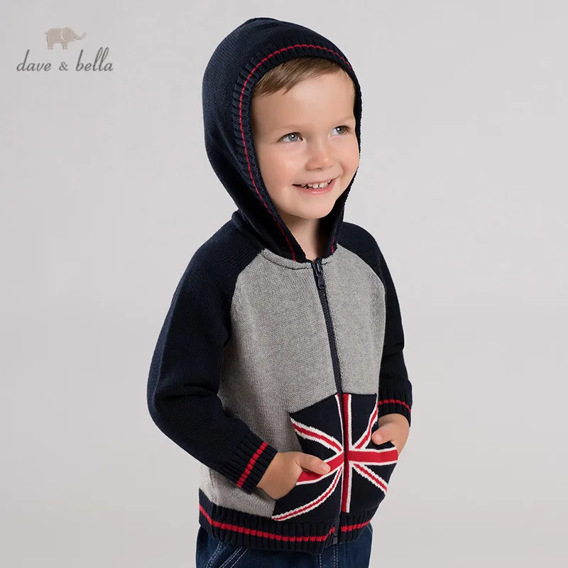 DB11456 dave bella autumn infant baby boys fashion zipper hooded cardigan kids toddler coat children cute knitted sweater | Мать и