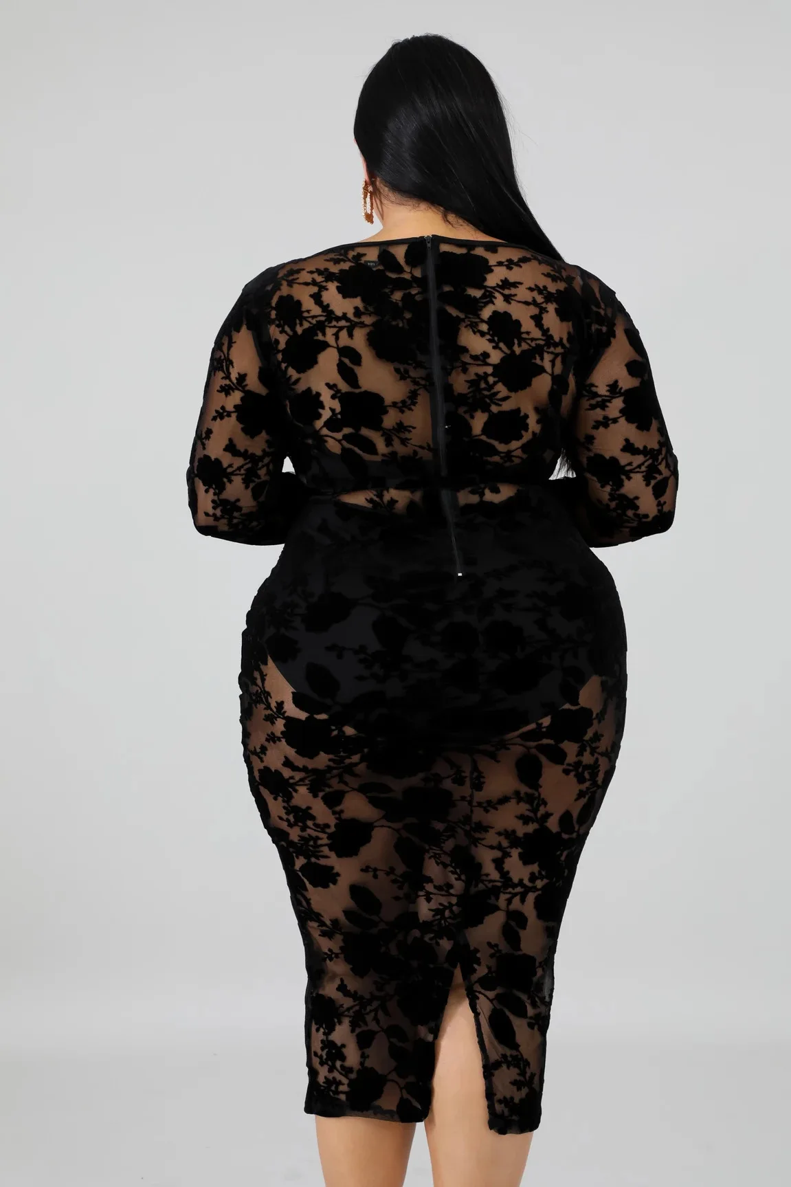 

XL-6XL Solid Color Lace Dress XL Women's Deep V-Neck Long Sleeve Fashion Trend Beautiful Sexy Perspective Long Dress 2021 New