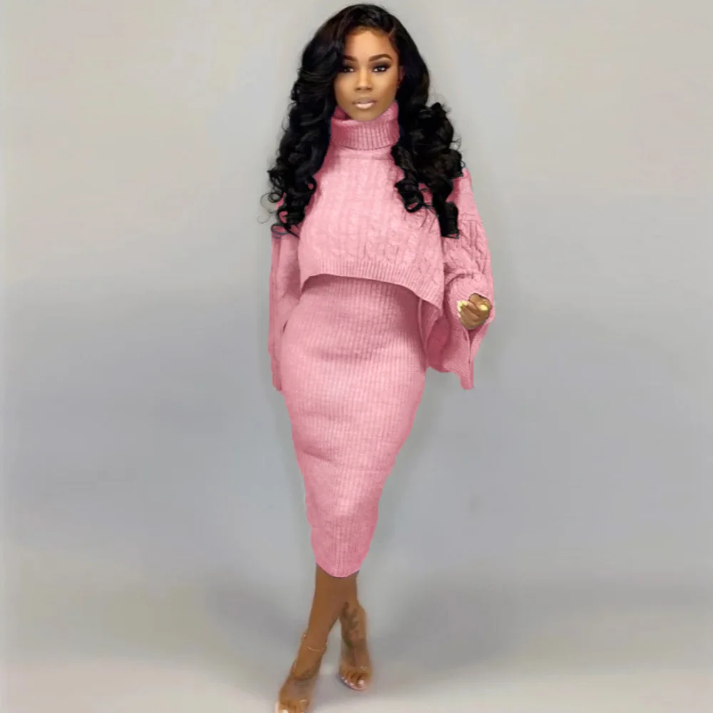 Autumn Winter Knitted Sweater Two Piece Set Turtleneck Long Sleeve Loose Crop Top+ Bandage Midi Tank Dress Plus Size Tracksuit