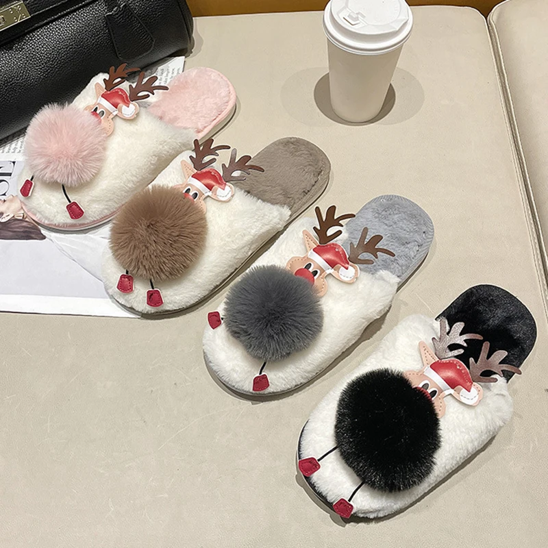 

Home Slippers Women's Casual Slippers Plush Winter Warm Shoes Breathable Outdoor Slip On Deer Slippers 2021 Christmas Elk