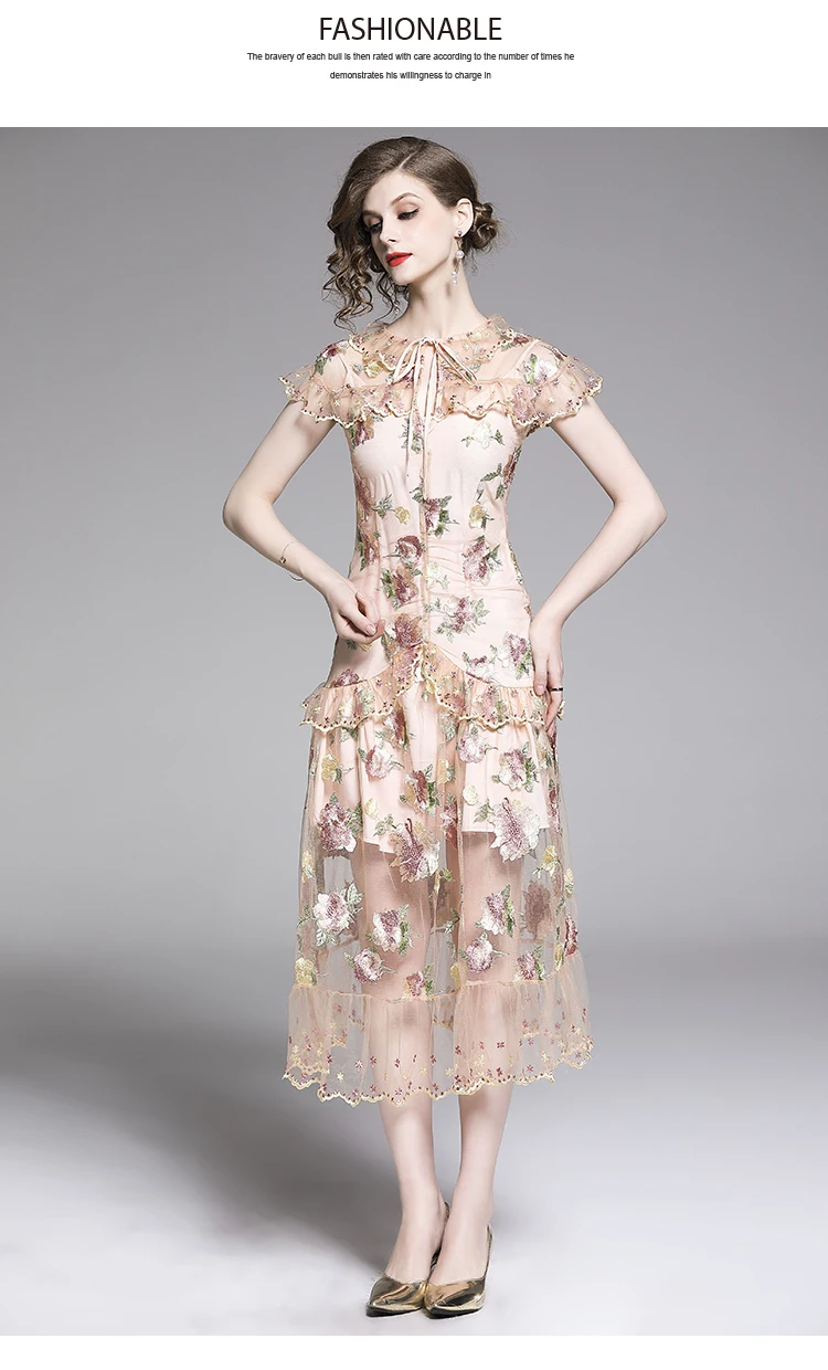 

ZAWFL Elegant Flower Embroidery Overlay Mesh Dress 2020 Summer Women Runway Short Sleeve O-Neck Lace-up Ruffles Slim Party Dress