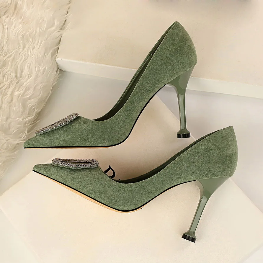 2020 женские 9 5 см обувь на высоком каблуке Цвет зеленый Туфли лодочки Острый