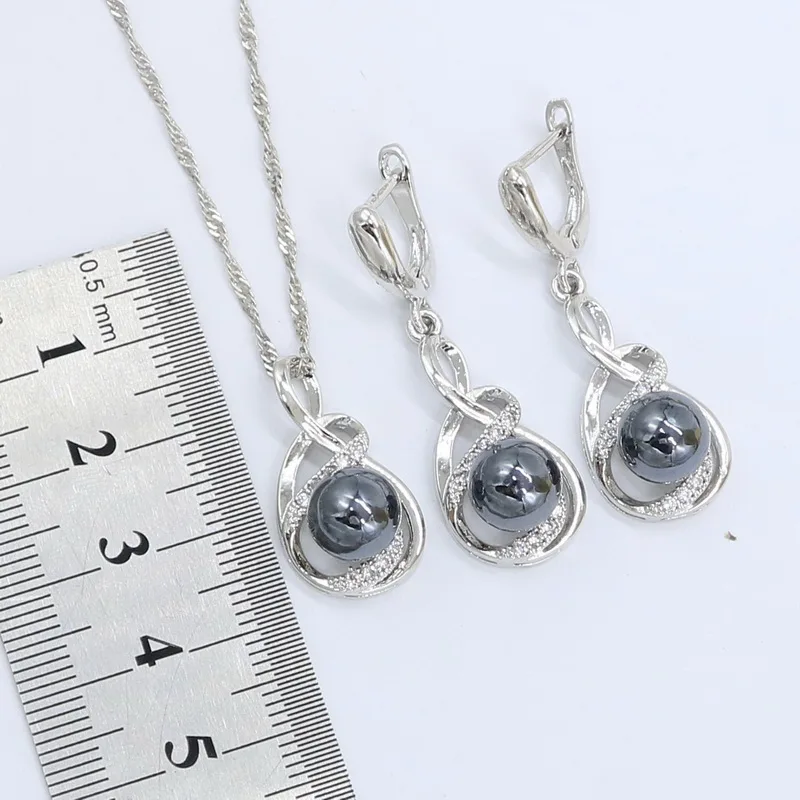 Черный жемчуг серебряный цвет ранние серьги ожерелье кулон кольцо циркониевый