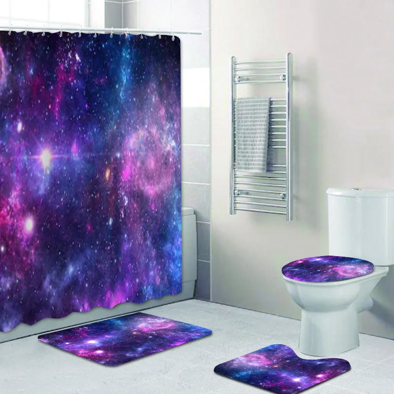 Fantasy Purple Galaxy Cosmic Space Sky Shower Curtains Bathroom Curtain Set Nebula Bath Mats Rugs Bathtub Accessories Home Decor