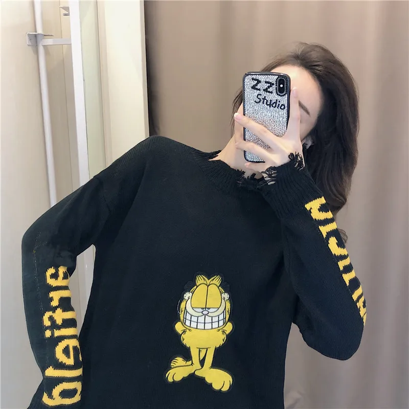 

Pullover women fashionable black loose and lazy wind wear knitted top in autumn and