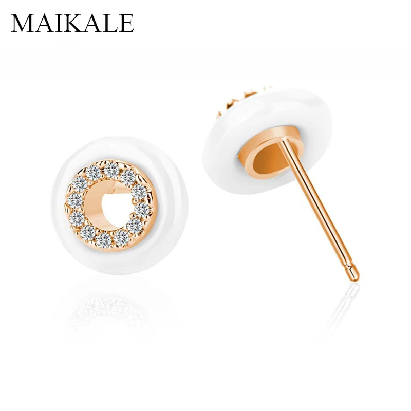 MAIKALE, классические черные/белые керамические серьги для женщин, золотые, серебряные, циркониевые круглые маленькие серьги-гвоздики, ювелирные изделия для девочек, подарки