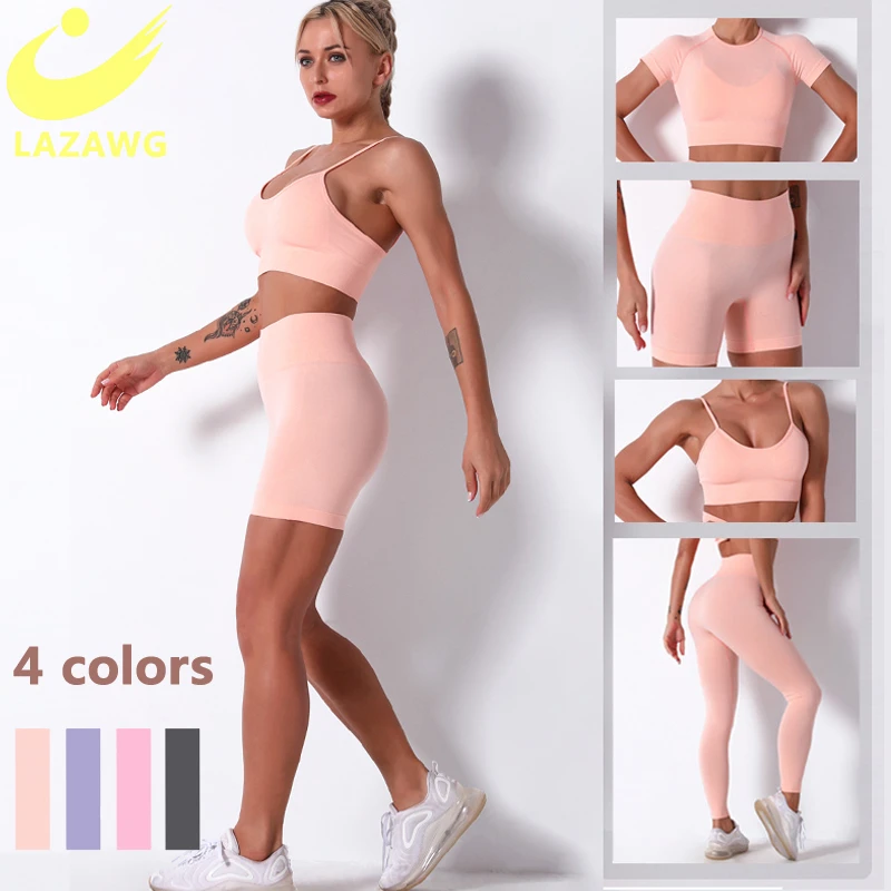 

LAZAWG 2/3/4PCS Women Seamless Workout Yoga Set Female Clothes Gym Sport Bra High Waist Leggings Short T-shirt Suits Sweat Pants