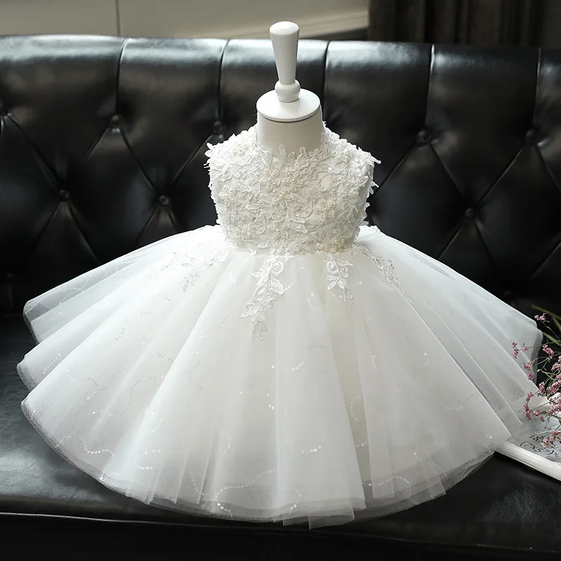 

Toddler Girl Outfit White Pearl Lace Princess Baby Dress 1Year Birthday Infant Wedding Clothes Appliques Kids First Birthday