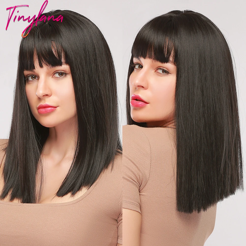 

Крошечная Лана, средние длинные темные черные синтетические парики с челкой, шелковистые прямые парики для женщин, косплей, ежедневное Терм...