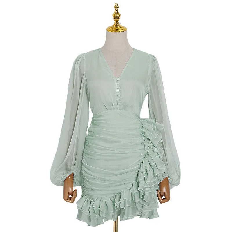 

Dress new temperament v-neck slim slim waist long sleeve solid color ruffled skirt trendy woman