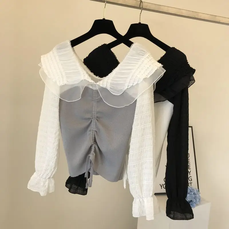 

2020 Large Doll Collar Small Shirt for Women Autumn Cloth Fashion Pleated Short Women's Chiffon Knitted Shirt Lady Tops Short