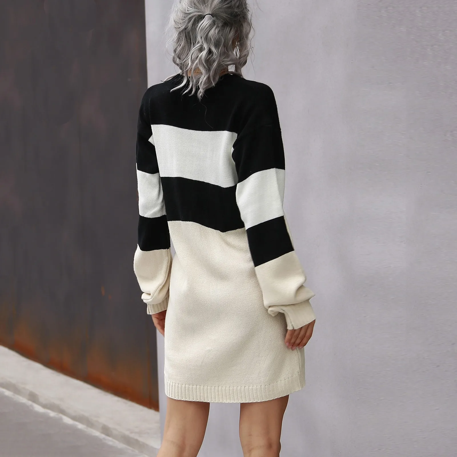 

Loose Color Sweater Dress Women's Stitching Long Sleeve Color Match O Neck Pullover Sweater Knit Mini Dress