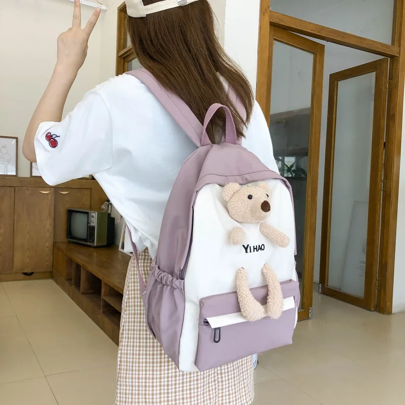 Cartoon Cute Backpack With Bear Contrast color Fresh School Bag for Teenage Girls Book Bags Women Shoulder Bags