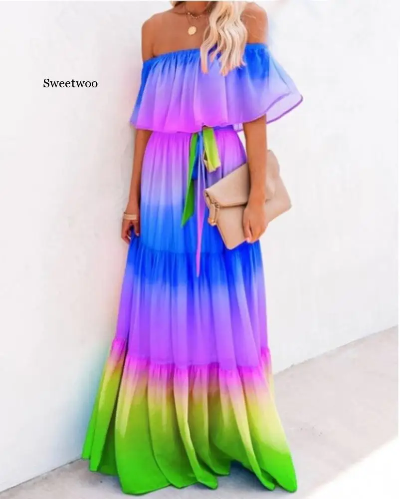 

Off Shoulder Gradient Color Belt Ruffles Maxi Chiffon Dress
