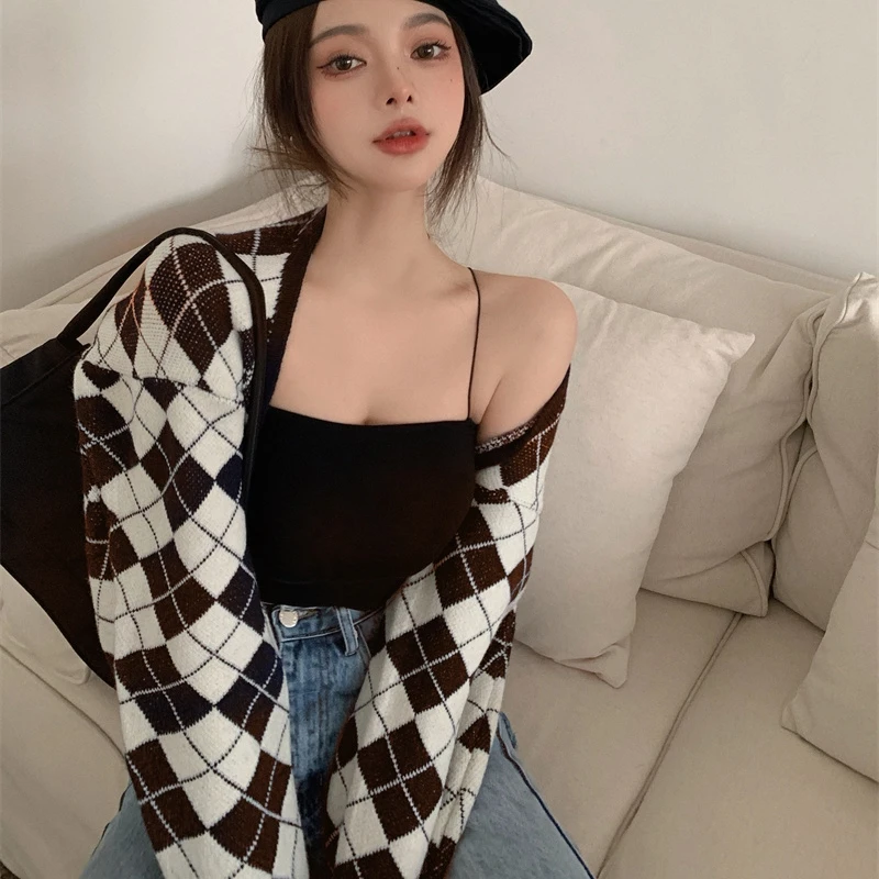 Свитер в клетку пальто для женщин Осень-зима ретро свободный крой короткий
