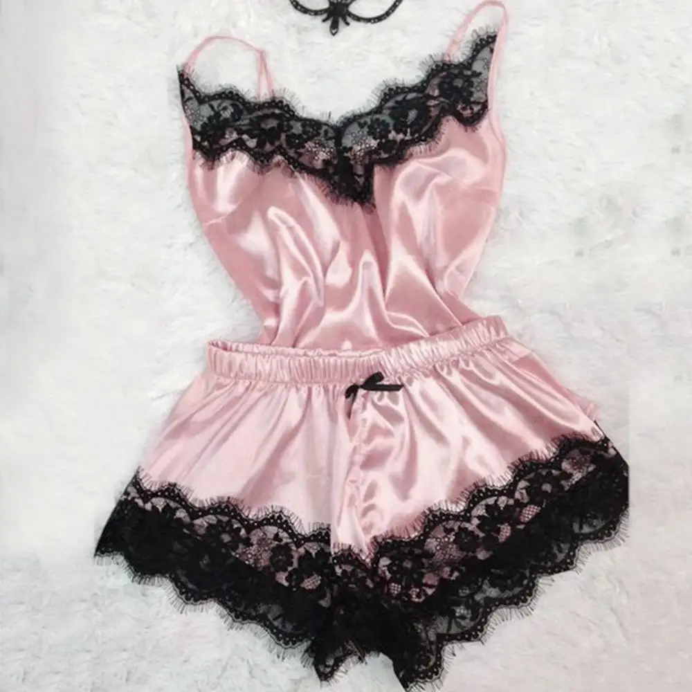 Женский сексуальный пижамный комплект из искусственного шелка с глубоким v