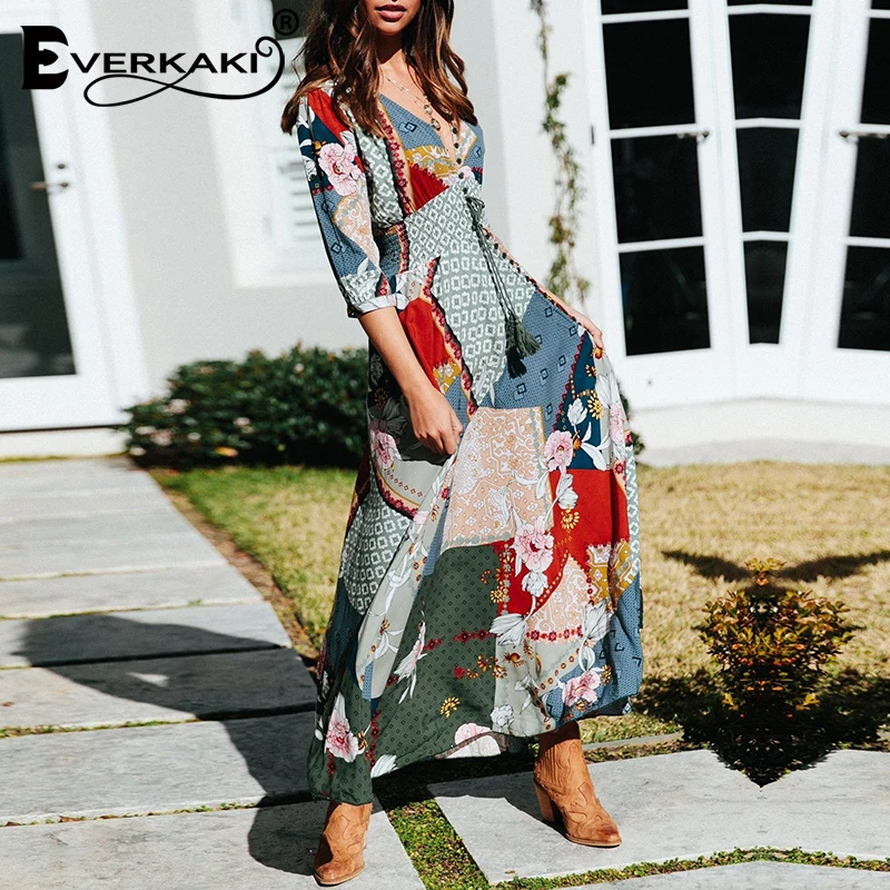 Женское длинное платье с поясом Everkaki винтажное макси в стиле бохо на резинке