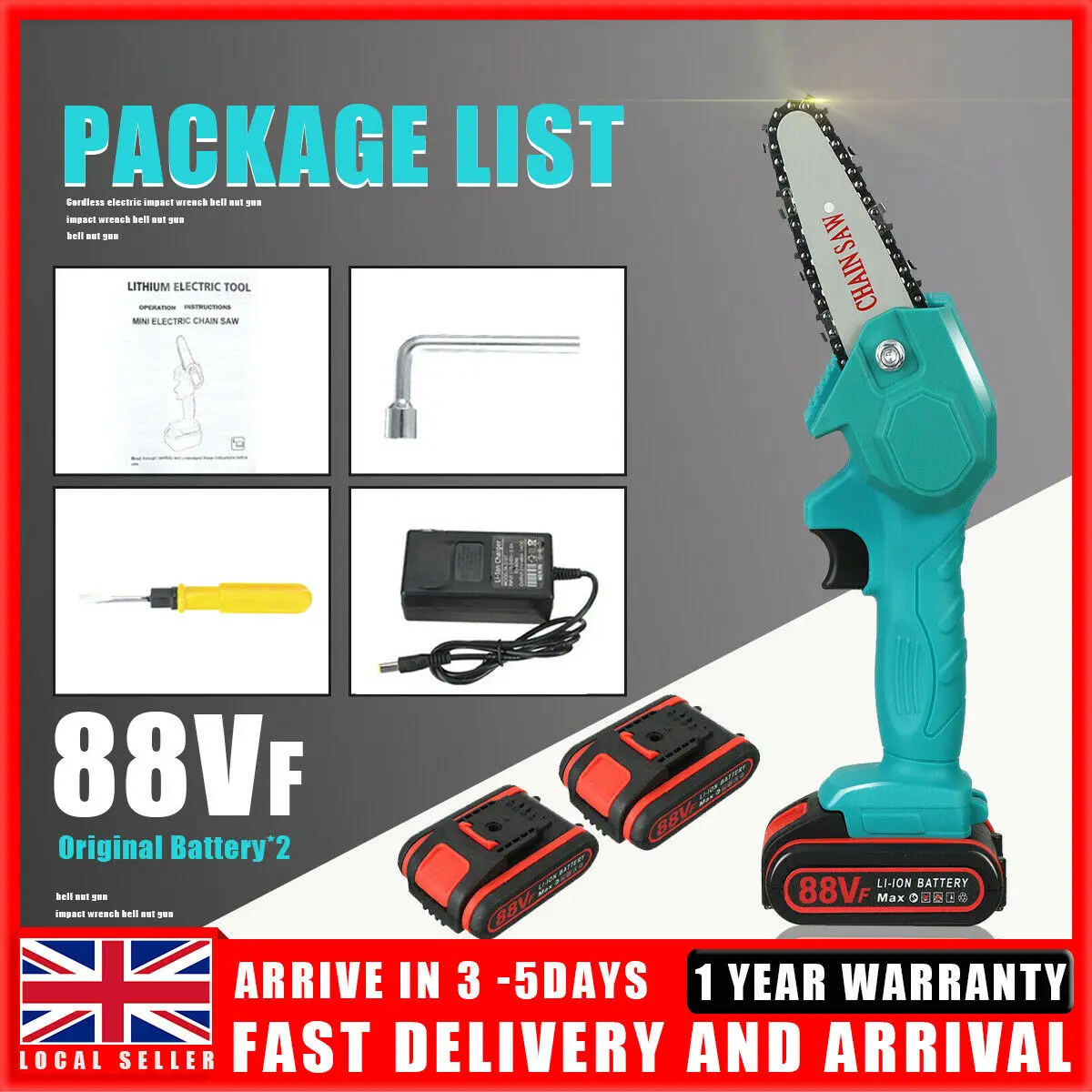 

4 Inch 1080W 88V Mini Electric Chain Saw Woodworking Pruning One-handed Garden Tools Rechargeable UK Plug With 1/2PC Battery