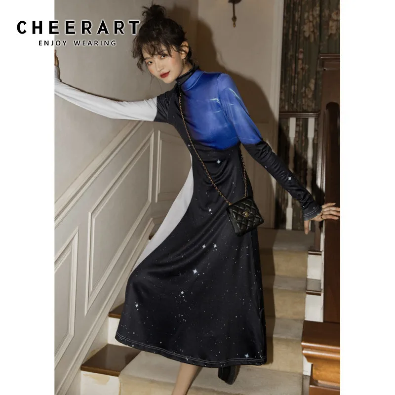Платье с длинным воротником и принтом CHEERART, женское трикотажное платье средней длины с длинным рукавом, Осеннее дизайнерское платье, одежда