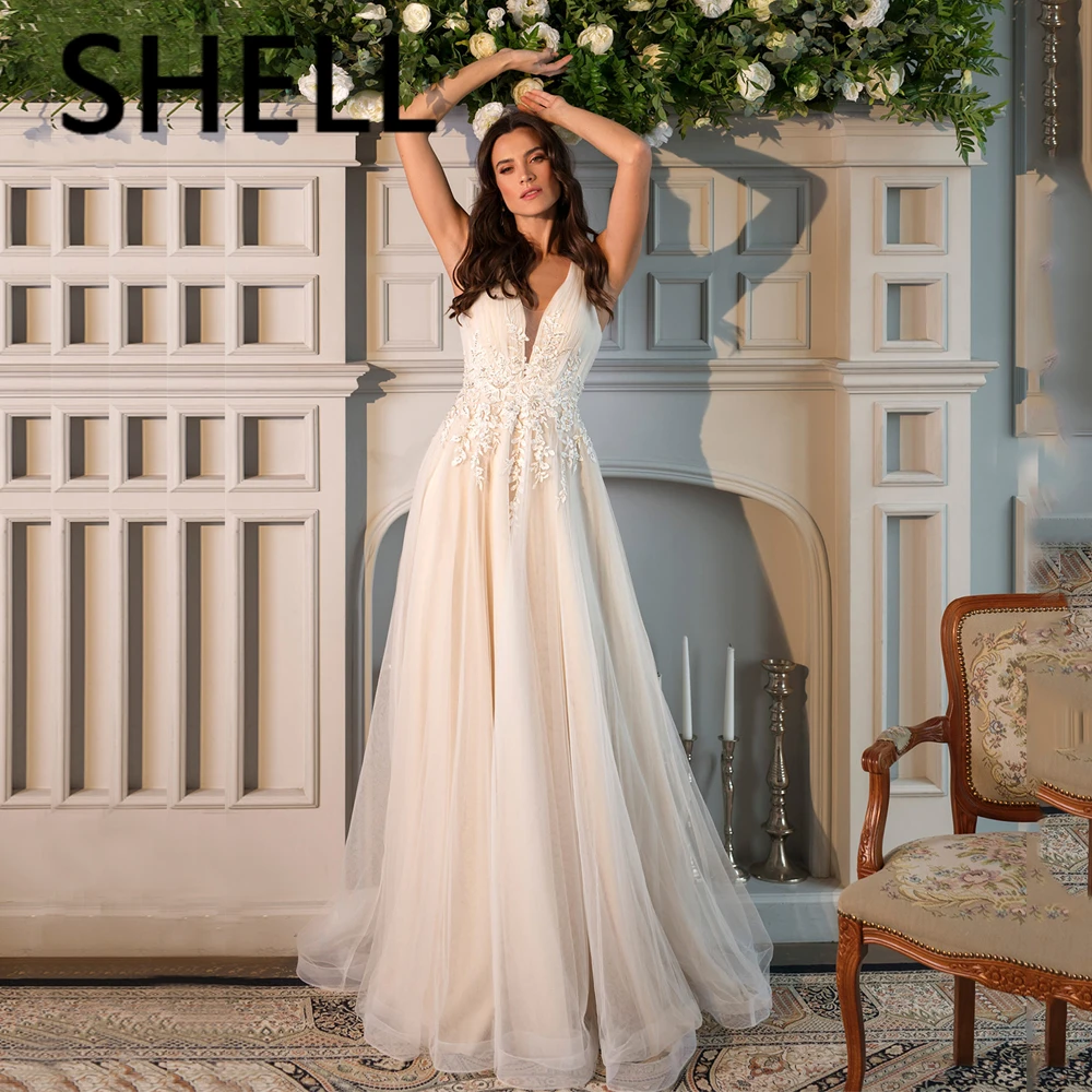 

A-Line V-Neck Appliques Wedding Dresses Sleeveless Sequined Soft Tulle Bridal Gowns C 2021