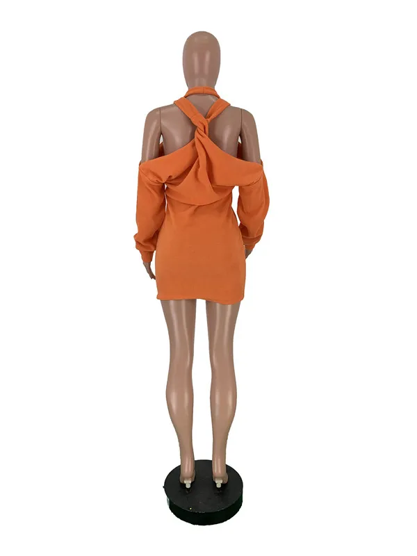 Женское зимнее мини-платье с лямкой на шее длинным рукавом перекрестной спиной