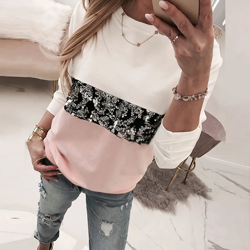 Women Sequins Lips Print Fashionable Sweatshirt Autumn Leopard Long Sleeve Beading Hoodie Lady O-neck Kawaii Sweatshirt Hoodies