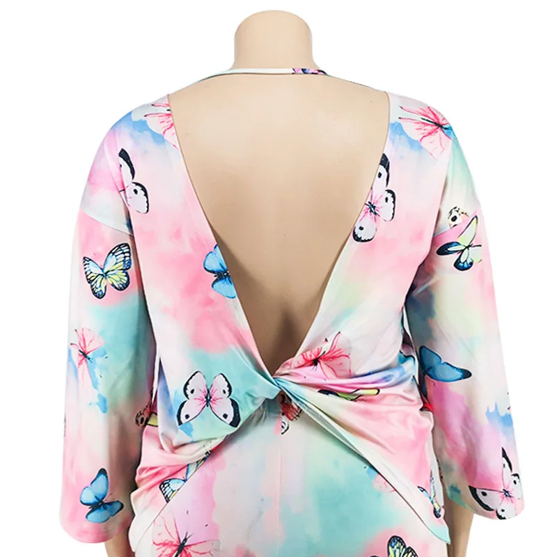 

2021 Summer Fashion Fat Butterfly Printing Women Plus Size Casual Outfits High Waist Skinny Pants+O-Neck Backless Two Piece Sets