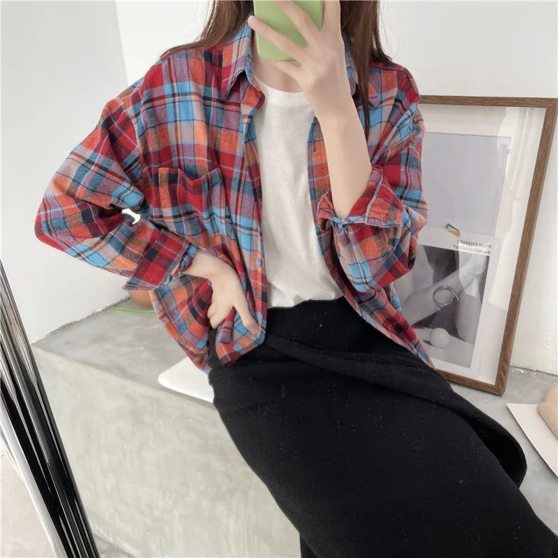 

HSA 2021 Women Long Blouse Shirts Casual Plaid Loose Blusa Tops Office Autumn Korean Elegant Vintage Oversized Shirts Top Ladies