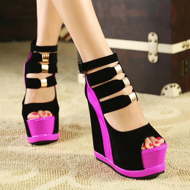 

Woman Shoes 2019 Summer Genuine Women Platform Thick Soles Sandals Wedges High heel 14.5cm Peep Toe Mixed Colors SexyShoes