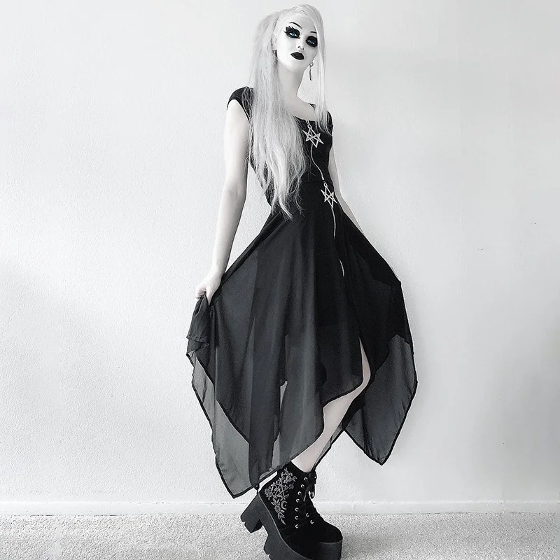 

92062 темное осенне-зимнее платье средней длины, Черное женское платье на молнии с асимметричной сеткой с изображением зомби, фрижести и шести...