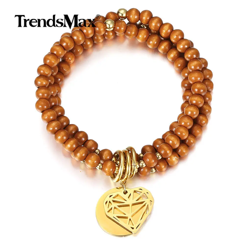 Браслет с подвеской в виде сердца для мужчин и женщин многослойный деревянный