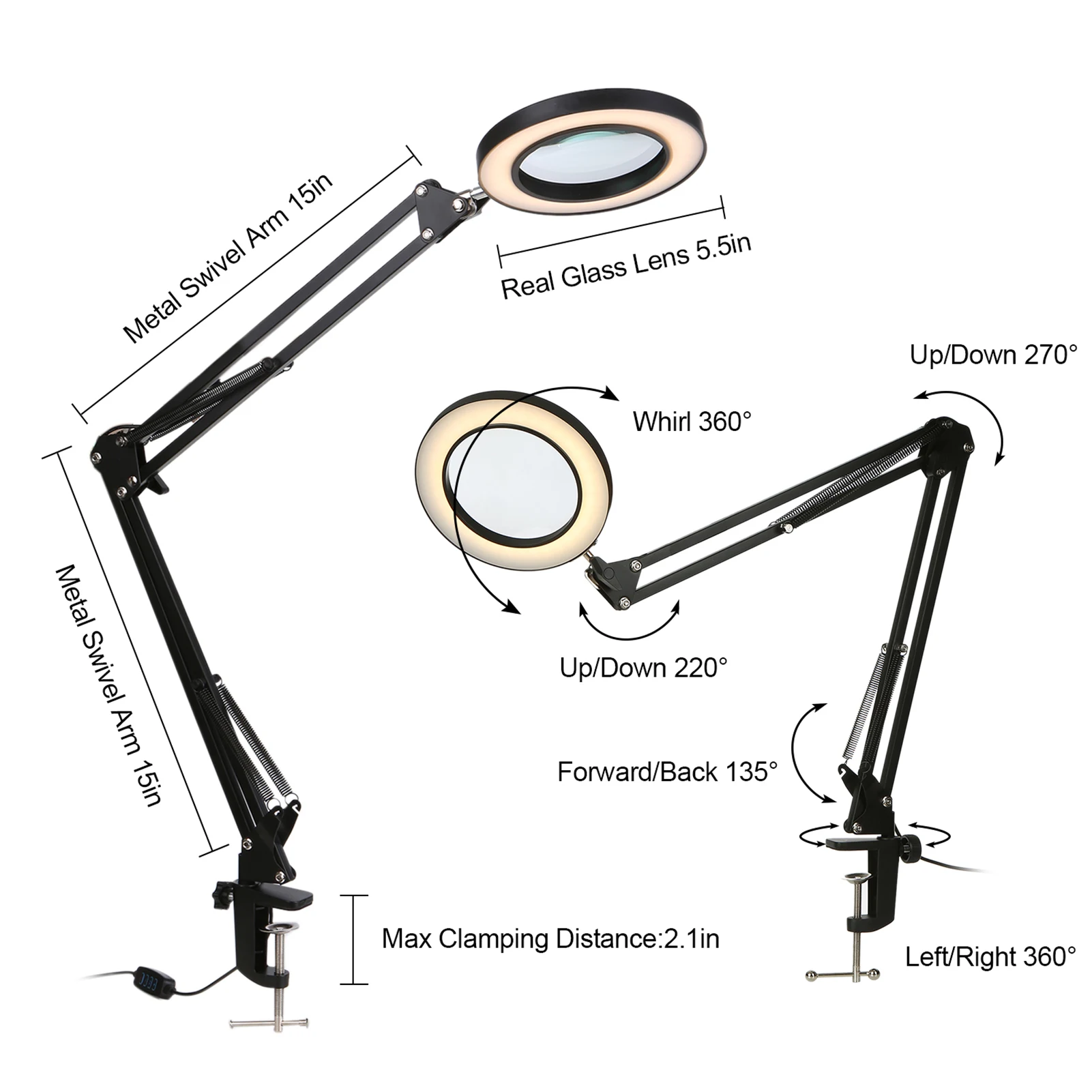 Magnifying Glass Magnifier with LEDs Clamp Clip Light 8X Magnification 10 Levels Adjustable Brightness Dimmable 3 Colors | Инструменты