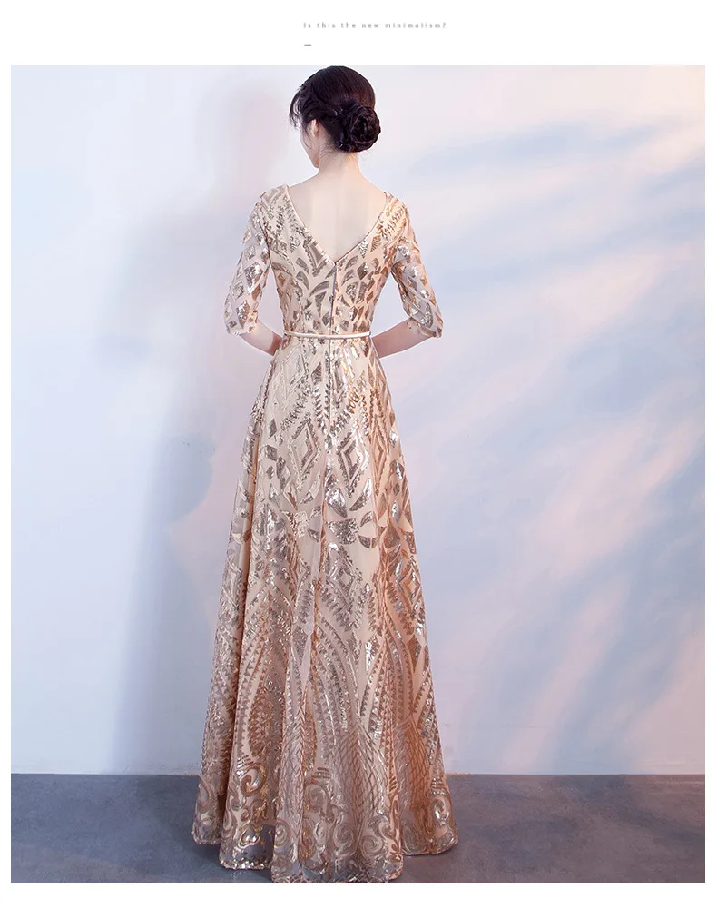

Bling Gold Women Banquet A-Line Dresses Slim Sexy V-Neck Host Formal Gown Half Sleeve Elegant Evening Party Skirt XS-XXL Qipao