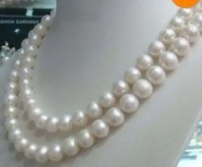 

double strands natural 9-10mm south sea white pearl necklace18"19"925s