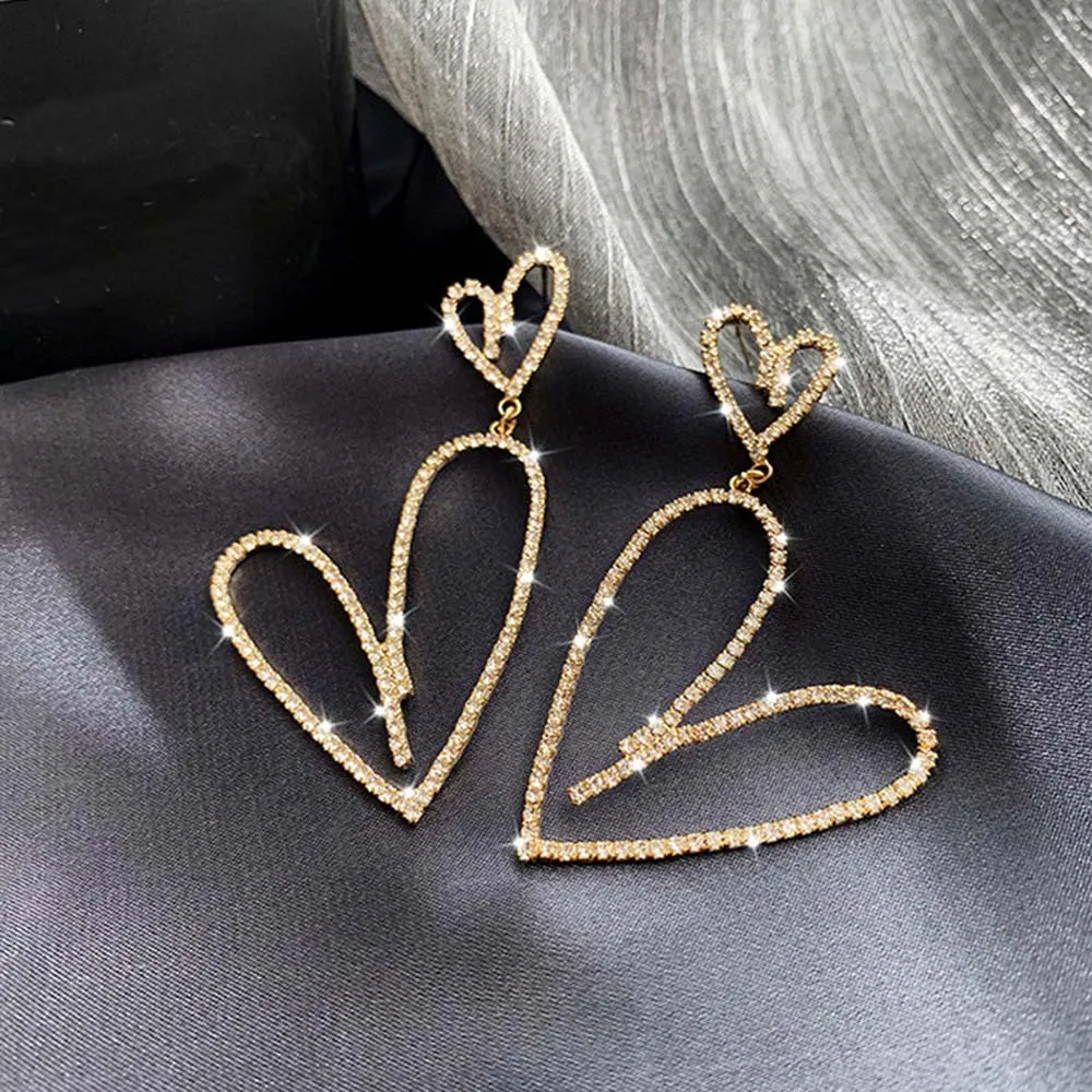 Серьги-гвоздики с блестящим кристаллом в форме сердца стразы большие висячие