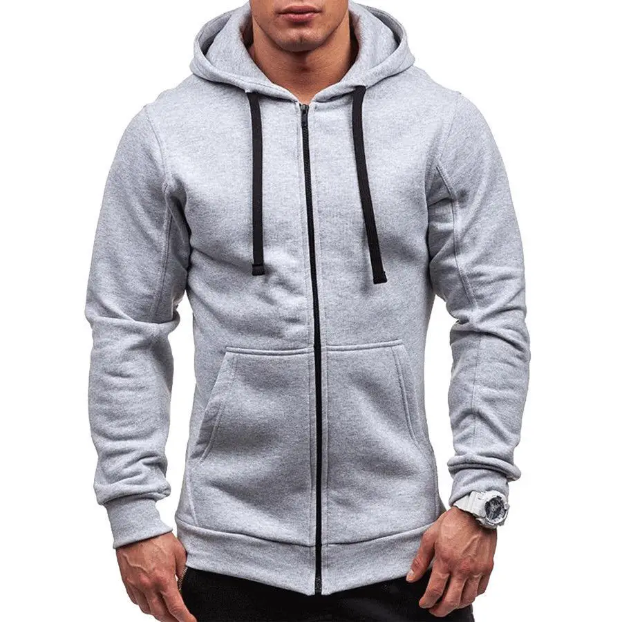 Серый Men Classic Hoodies Zipper Long Sleeve Male Sweatshirt Hoodies Winter Jacket Coat Male Zipper Pocket Solid Casual Hoodies - Цвет: Серый