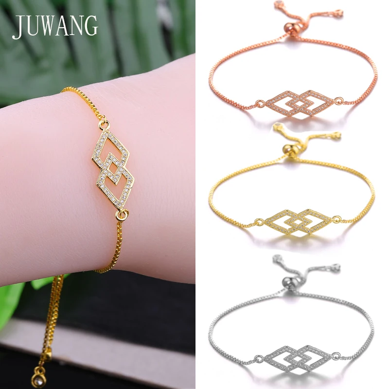 

JUWANG New Fashion DIY Zirconia Pave Setting Chinese Knot Charm Bracelets For Woman Adjustable Chain Bracelet Bangles Jewelry
