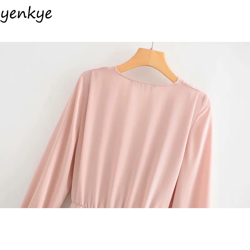 Модная женская однотонная блузка с поясом рубашка v-образным вырезом и длинным