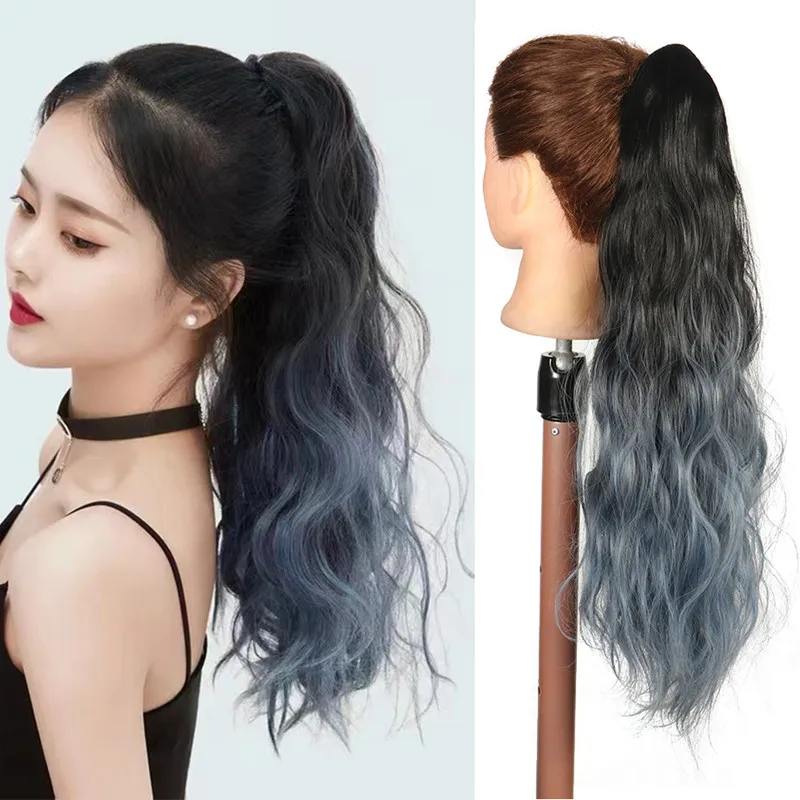 

Ombre Blue Pink Grey Long Body Wave Ponytail Hair Wrap Around Clip In Hair Piece Curly Pony Tail For Woman Fake Hairpiece