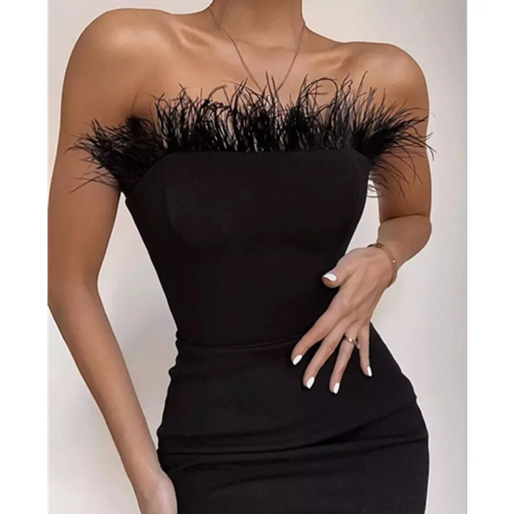 

Женское платье-миди без бретелек, черное облегающее платье с открытой спиной и перьями, дизайнерское модное Клубное платье для вечерние, 2021
