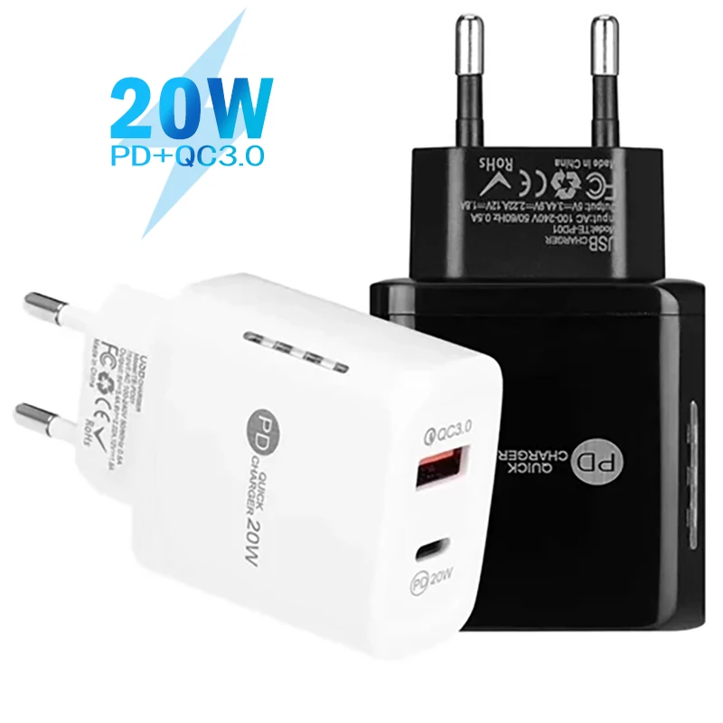 

EU Wall USB Mobile Phone Charger Adapter 20W Quick Charge For iPhone 11 12 Pro Max Huawei Mate 40 Pro Xiaomi 9 PD Fast Charger