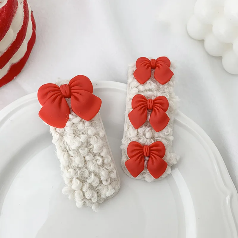 

Newest Red Bowknot Lamb Hair Card BB Clip Fashion Melting Lovely Fluffy Hair Acts The Role Of Female Hair Accessory Girl Jewelry