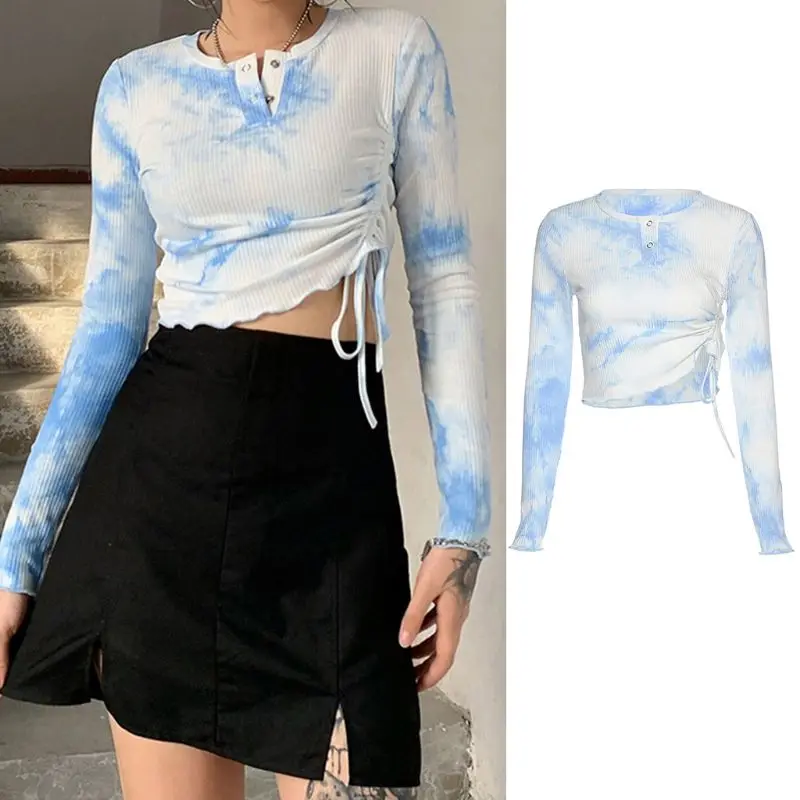 

Wome Long Sleeve Ribbed Drawstring Slim Crop Top Gradient Tie-Dye Button T-Shirt X4YC