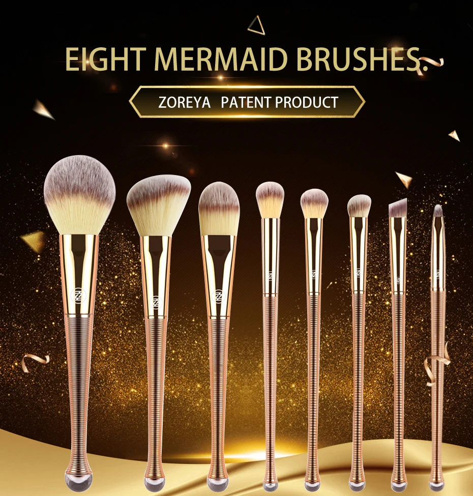 ZOREYA 8pcs Rose Gold Mermaid Makeup Brushes Powder Blending Eye Shadow Brush Set with Shiny Portable Bag