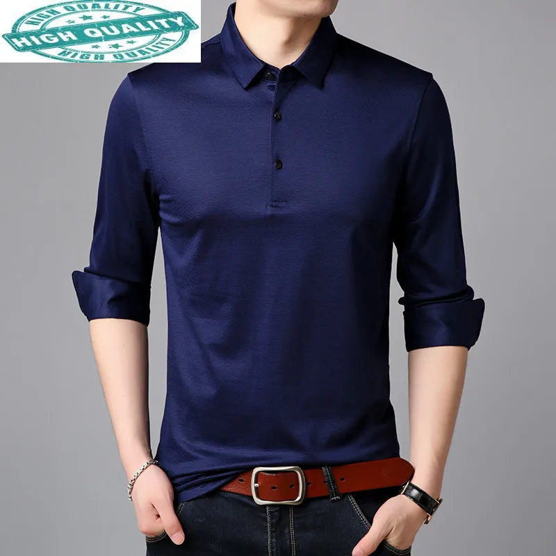 

New Spring Men's T-shirt Real Silk Cotton Turn-Down Collar Smart Casual Solid Long Sleeve Shirt 1002