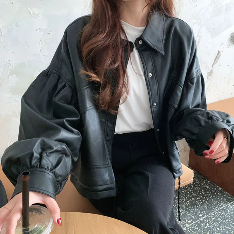 

Genayooa 2020 Autumn Winter Women Casual Loose Leather Jackets Coats Streetwear Long Sleeve Female Korean Style Black