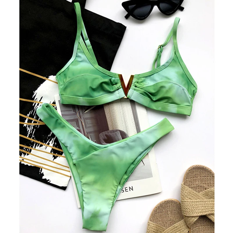 

High cut sexy bikini set Retro women's swimsuit female Metal v neck swimwear Tie dye printed bandeau bikini 2020 Bathing suit