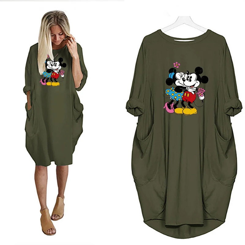 

Casual Dress Autumn Mickey Mouse Women Cartoon Print Vestido Loose Midi Long Sleeve Disney Dress Pockets Robe Maternity Dresses