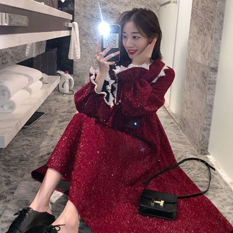 

Long red spread Navy collar 2021 spring and Autumn New Korean loose waist over knee dress